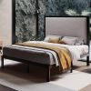 Full size Grey Linen Upholstered Headboard Black Metal Platform Bed Frame