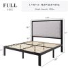 Full size Grey Linen Upholstered Headboard Black Metal Platform Bed Frame