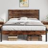 Queen size Modern Farmhouse Metal Platform Brown Wood Headboard Bed Frame