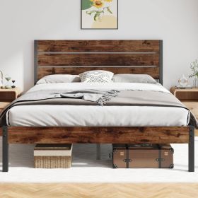 Queen size Modern Farmhouse Metal Platform Brown Wood Headboard Bed Frame