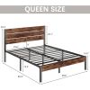 Queen size Modern Farmhouse Metal Platform Brown Wood Headboard Bed Frame